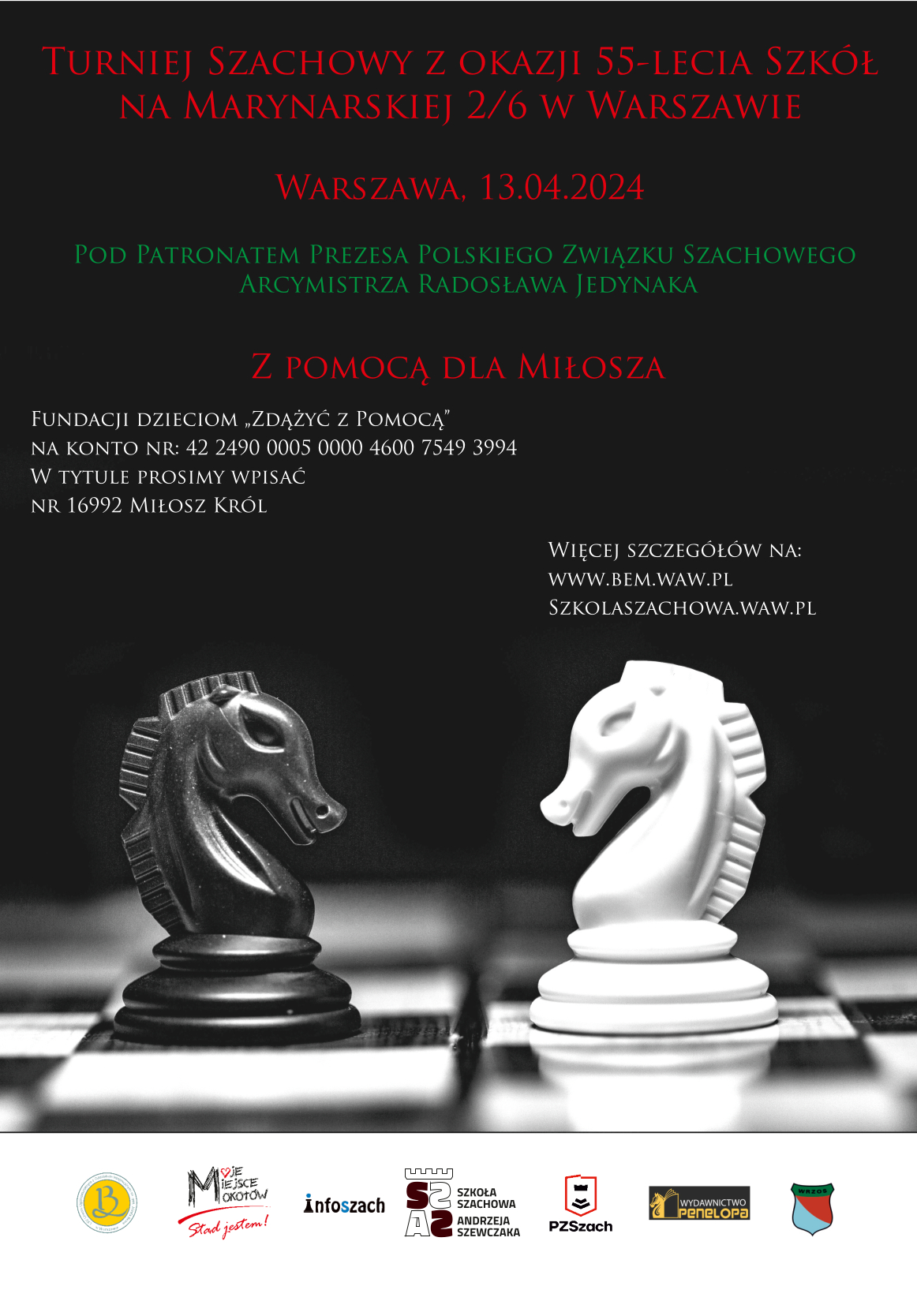Plakat turnieju szachowego z okazji 55-lecia Szkół na Marynarskiej 2/6 w Warszawie